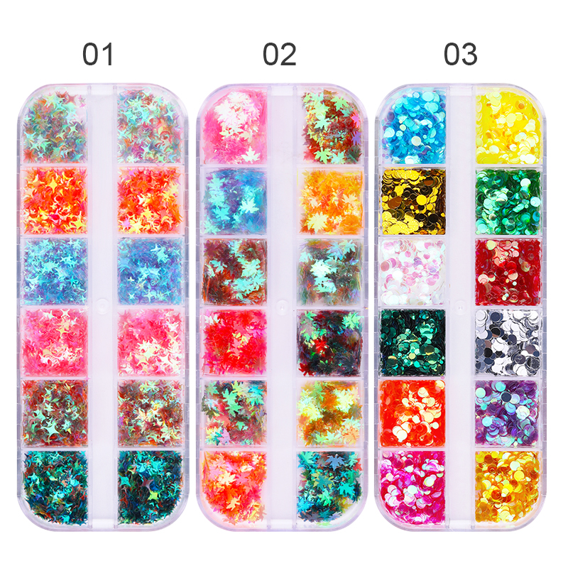 12 Colors Nail Sequins Glitter Powder Maple Leaves Stars Round Nail Flakes for DIY Nail Art Decorations Nail Designs