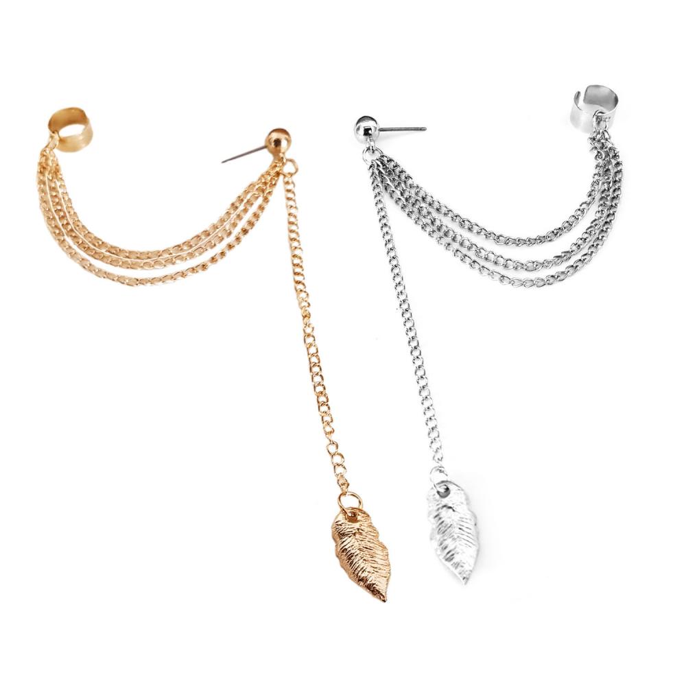 Vintage Earring Women Silver Gold Leaf Ear Cuff Earrings with Long Chain Jewelry Simple Leaf Tassel Ear Crawler Climber Stud