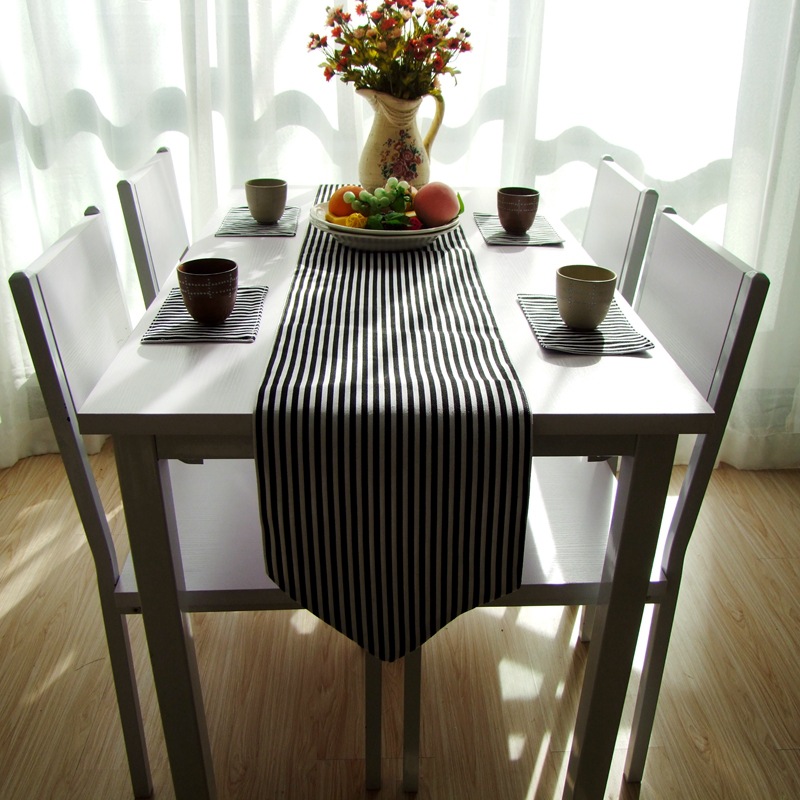 DUNXDECO Tassel Table Runner Party Long Table Cover Fabric Modern Simple White Black Stripe Desk Decorating Textile