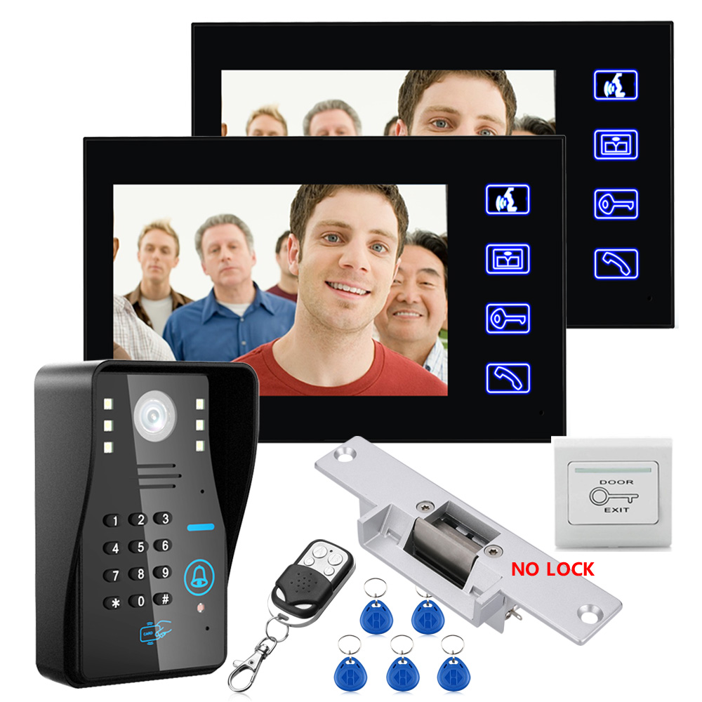 7" Two Monitors RFID Password Video Door Phone Intercom Doorbell With IR Camera 1000 TV Line With NO-Electric Strike Door Lock