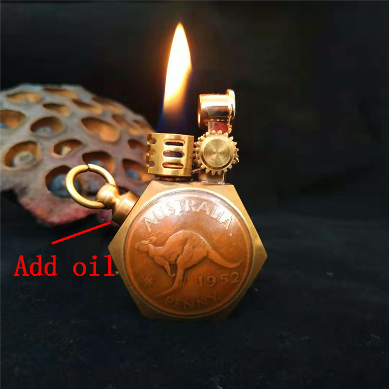 Handmade brass fluid oil lighter Vintage coins gasoline lighter Gift Random pattern