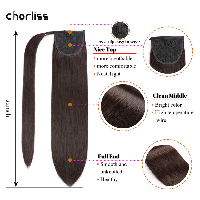 Chorliss Long Straight Synthetic Ponytail Hairpieces Wrap on Clip Hair Extensions Ombre Brown Velcro Pony Tail Blonde Fake Hair