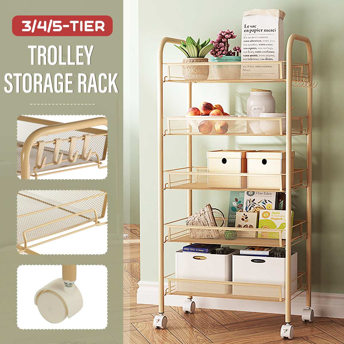 3/4/5 Tier Kitchen Trolley Cart Dining Shelf Island Rack Basket Storage Drawers Kitchen Bathroom Organizer + Wheels Gift Hook