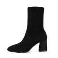 Taoffen Women 2020 Simple Black Stretch Boots Pointed Square Heels Daily Comfortable Mid Calf Shoes Woman Footwear Size 34-45