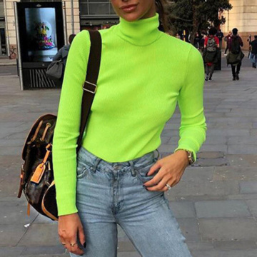Solid Color Harajuku Turtleneck Cotton T Shirt Neon Yellow Green Knitted Crop Long Sleeve Korean Style Top Tee Shirt Haut Femme