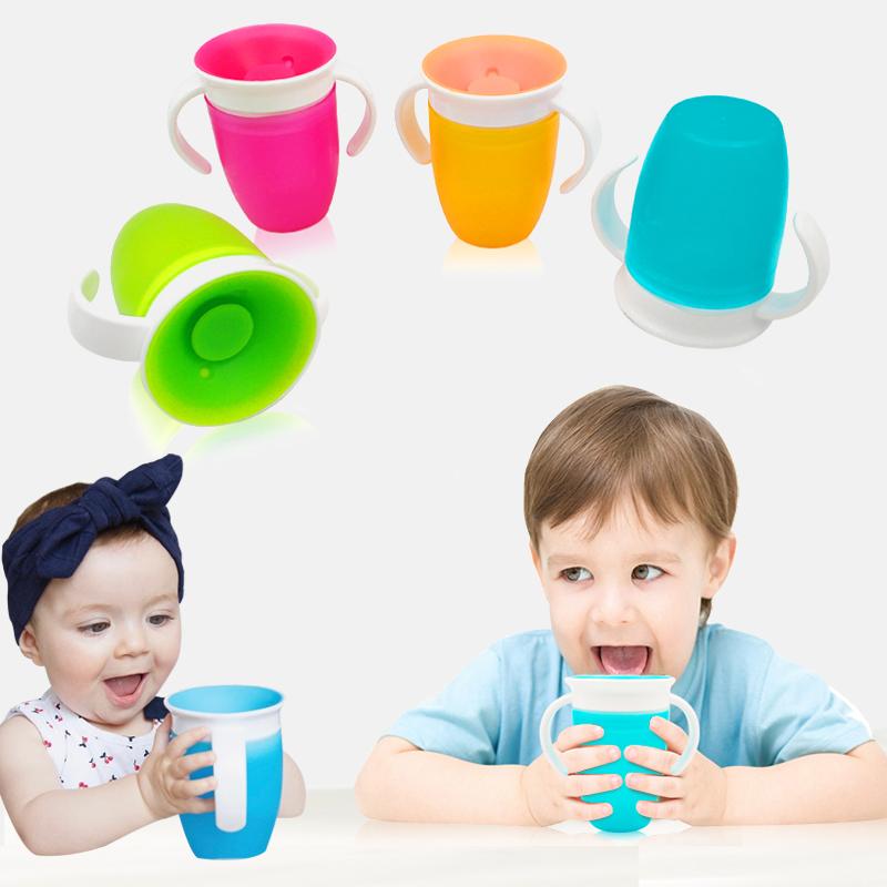 360 Degrees Leakproof Magic Kids Water Feeding Bottle Rotated Baby Learning Drinking plastic Cup with Double Handle Flip Lid