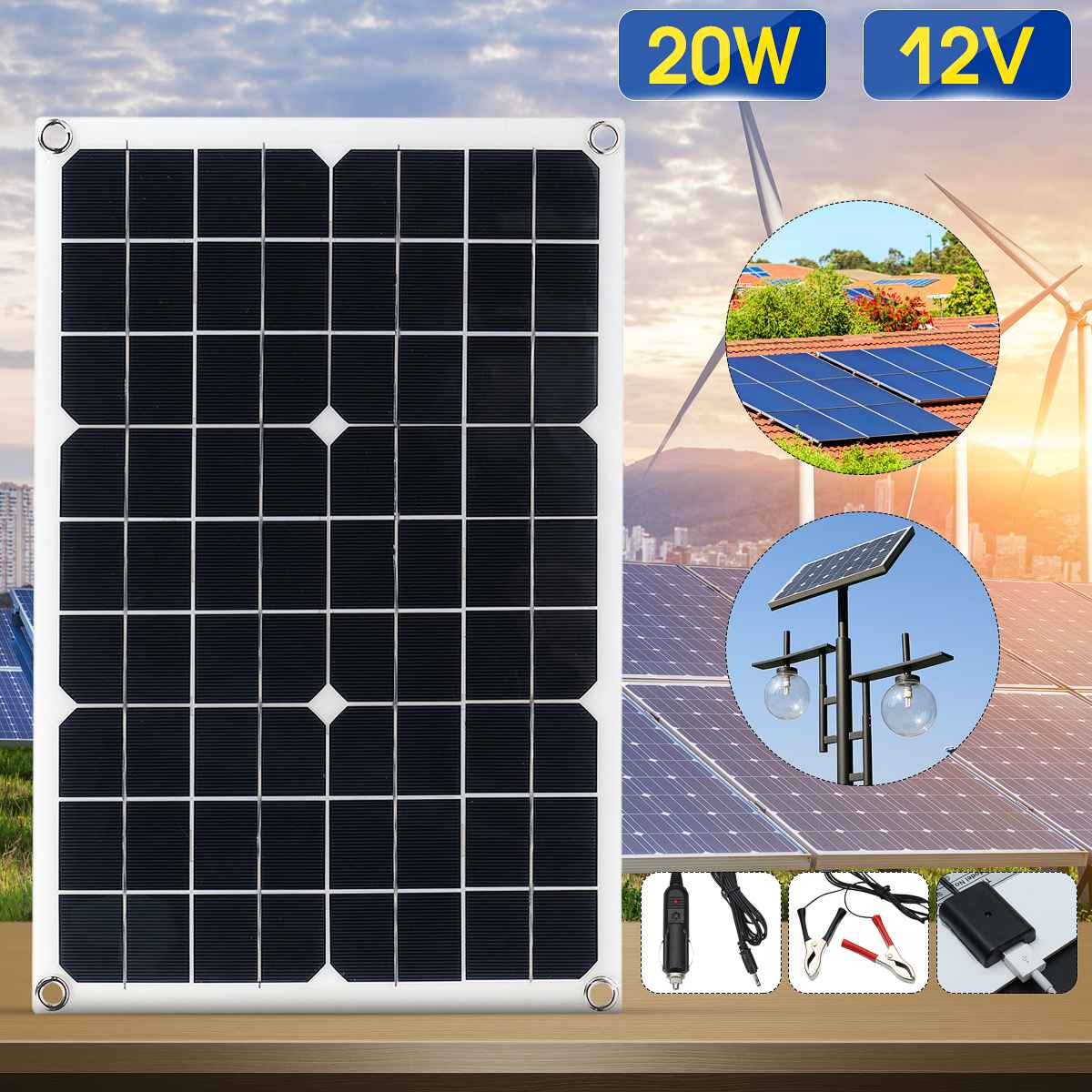 20W/25W/30W 18V Solar Panel Charger Solar Battery 10A Controller Monocrystalline Alligator Clip USB Car Outdoor Lead Acid Batter
