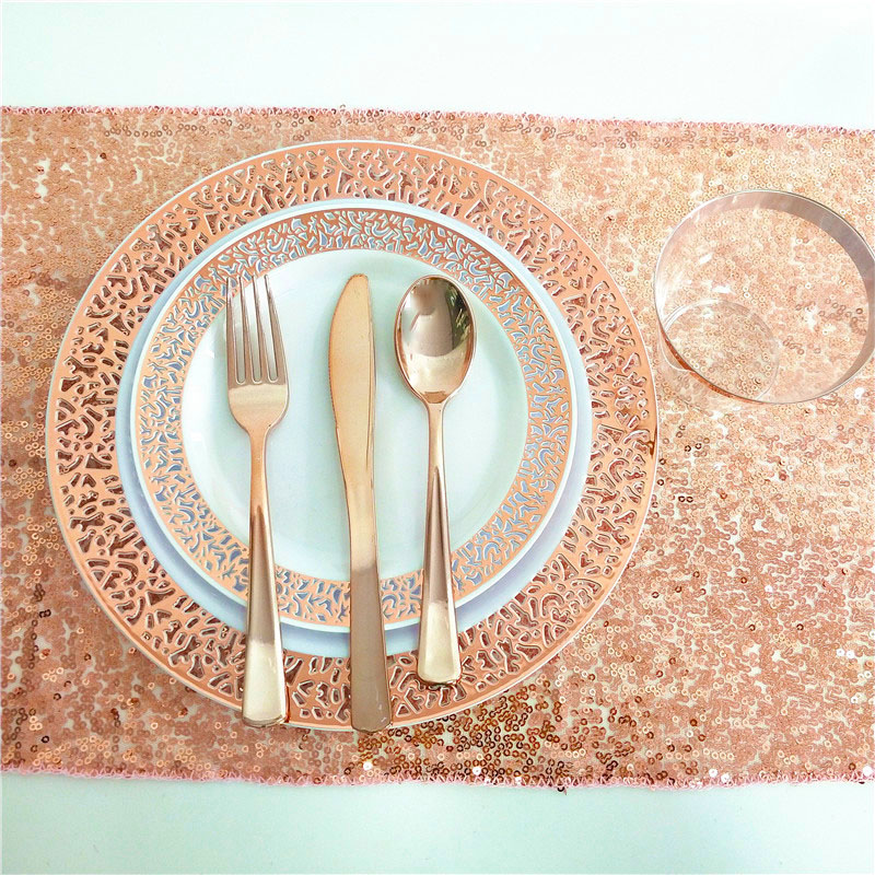 10/20/50 pcs / set Rose Gold Disposable Dinnerware Set Napkins Cups Plastic Plates Fork Knive Spoons for Wedding Party Supplies