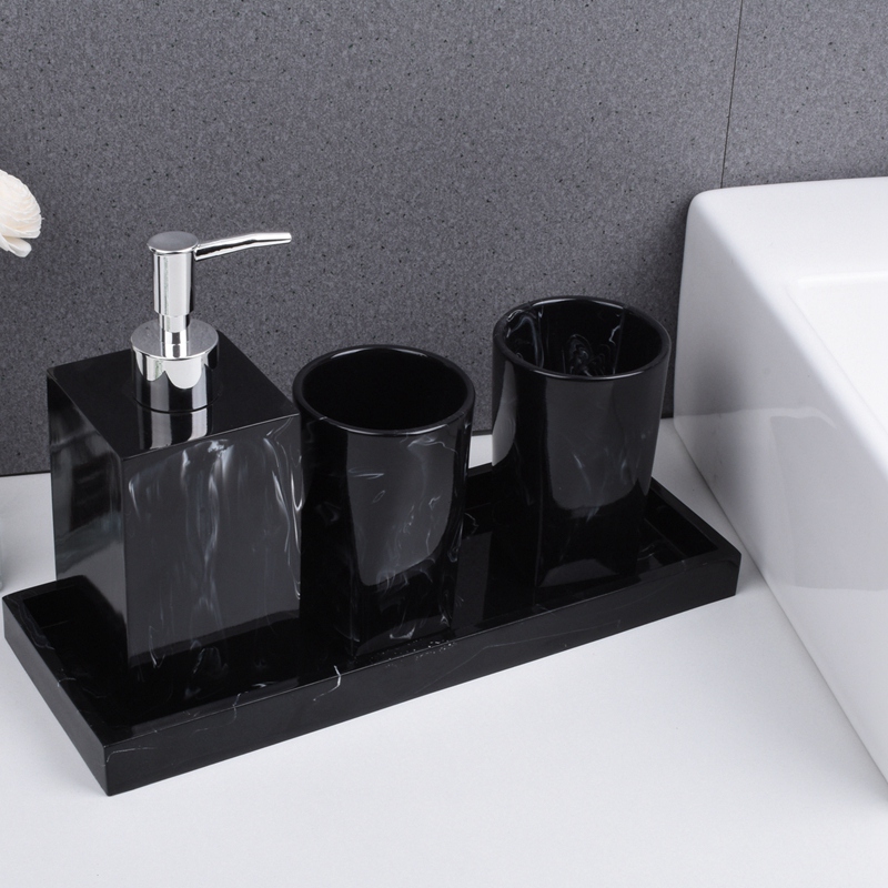 LBER Marble Texture Bathroom Supplies Black 4Pcs Resin Bathroom Accessories with Dispenser Toothbrush Holder Soap Dispenser