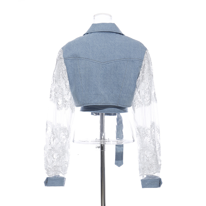 TWOTWINSTYLE Patchwork Lace Denim Jackets For Women Lapel Collar Long Sleeve Sashes Hit Color Lightblue Coats Female 2020 Autumn
