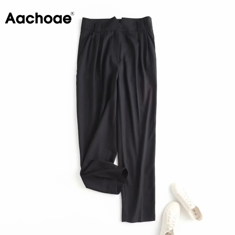 Aachoae Women Chic Black Pants High Waist Elegant Long Trousers Zipper Fly Lady Pencil Pants Office Wear Bottoms Pantalon Femme