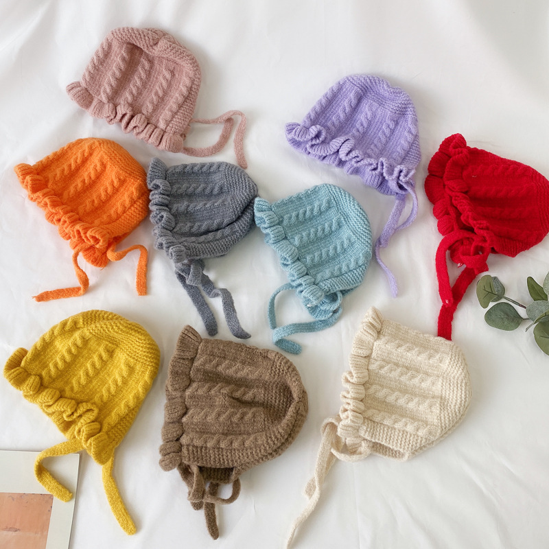 Winter Korean Cotton Knitted Baby Hat Lace Up Warm Autumn Kids Bonnet Girls Boys Cute Cap Children Outdoor Hats For 6-36 Months