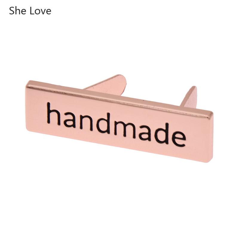 Chzimade 10Pcs Rose Gold Color Rectangle Metal Handmade Garment Labels Tags For Clothing Bags Hand Made Letter Sewing Labels