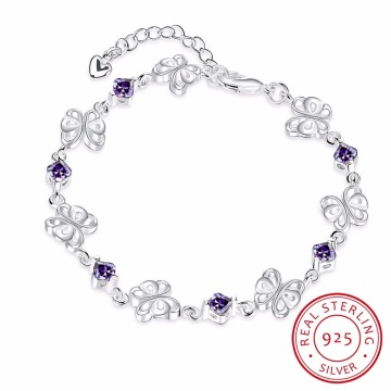 Lekani Real 925 Sterling Silver Fine Jewelry Clear Purple Aaa+ Cz Zirconia Crystal Butterfly Heart Bracelet Bangle For Wome