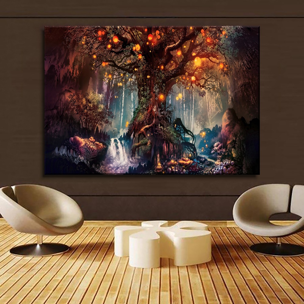 Forest Fantasy Luminous Painting 4 Piece Style Picture Canvas Printing Type Modern Home Decor Wall Artwork Poster Framework