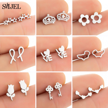 Stainless Steel Earrings for Women Fashion Small Black Flower Key Crown Nurse Star Stud Earring Piercing Jewelry Gifts