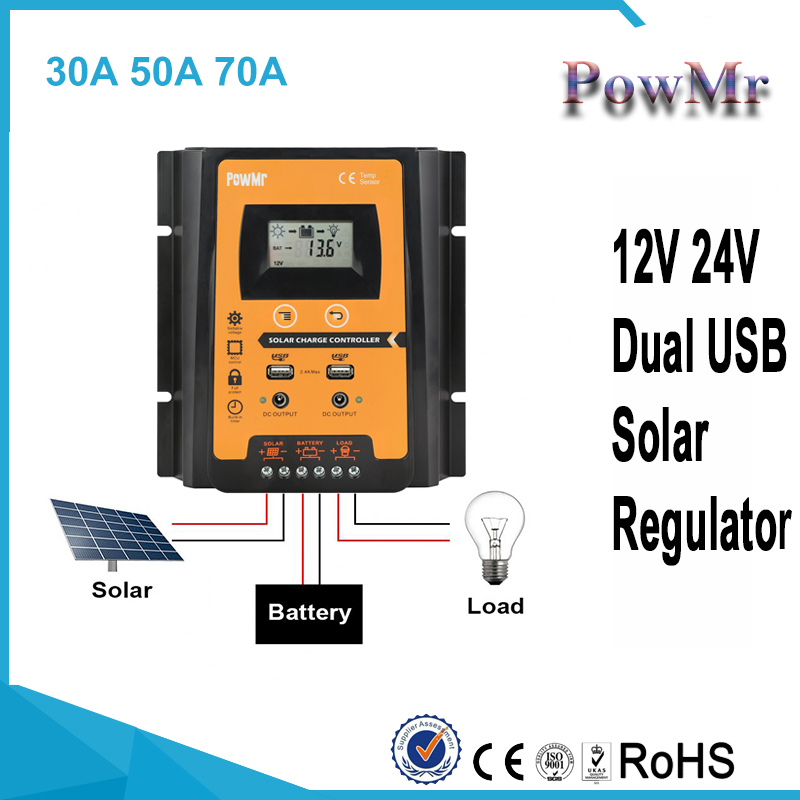 PowMr MPPT PWM Solar Charge Controller 30A 50A 70A IP32 Waterproof Panel Battery Regulator Dual USB LCD Display