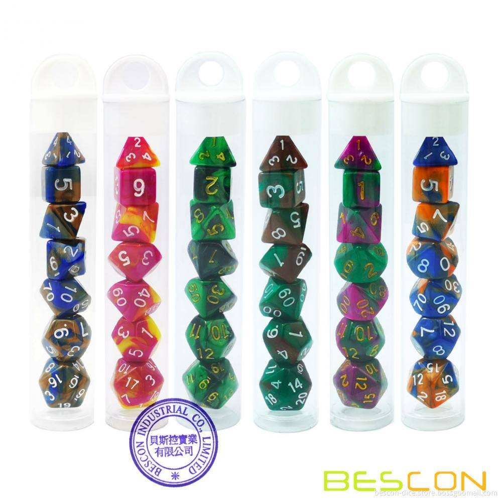 Bescon Mini Two Tone Polyhedral RPG Dice Set 10MM, Small Dice Set D4-D20 in Tube, 6 New Assorted Colored of 42pcs