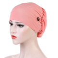 2020 Elastic Cotton Turban Hat Solid Color Warm Winter Headscarf Hat with Button Head Wrap Muslim Women Hijab India Caps