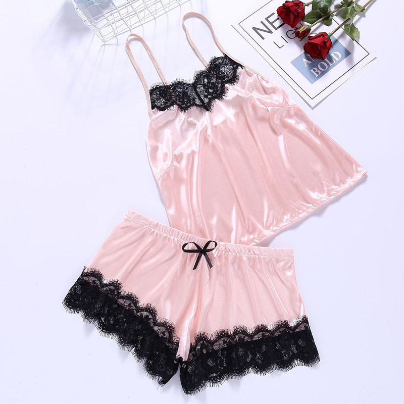 Women's Sleepwear Sexy Satin Set Black Lace V-Neck Pyjamas Sleeveless Cute Cami Top and Shorts Pijama Mujer Algodon Veran