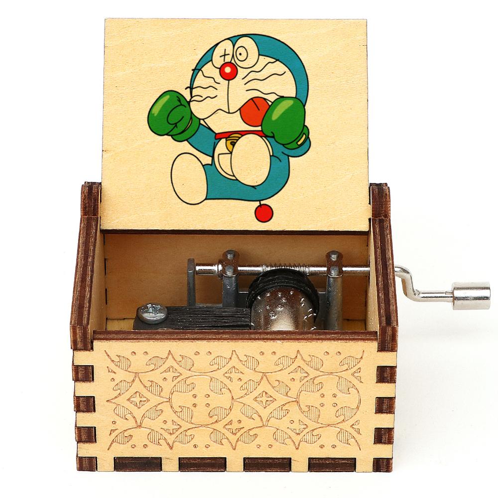Hand Wooden Music Box Doraemon Print Musical Box Antique Wood Carving Music Gift Boy Girl Birthday Gift