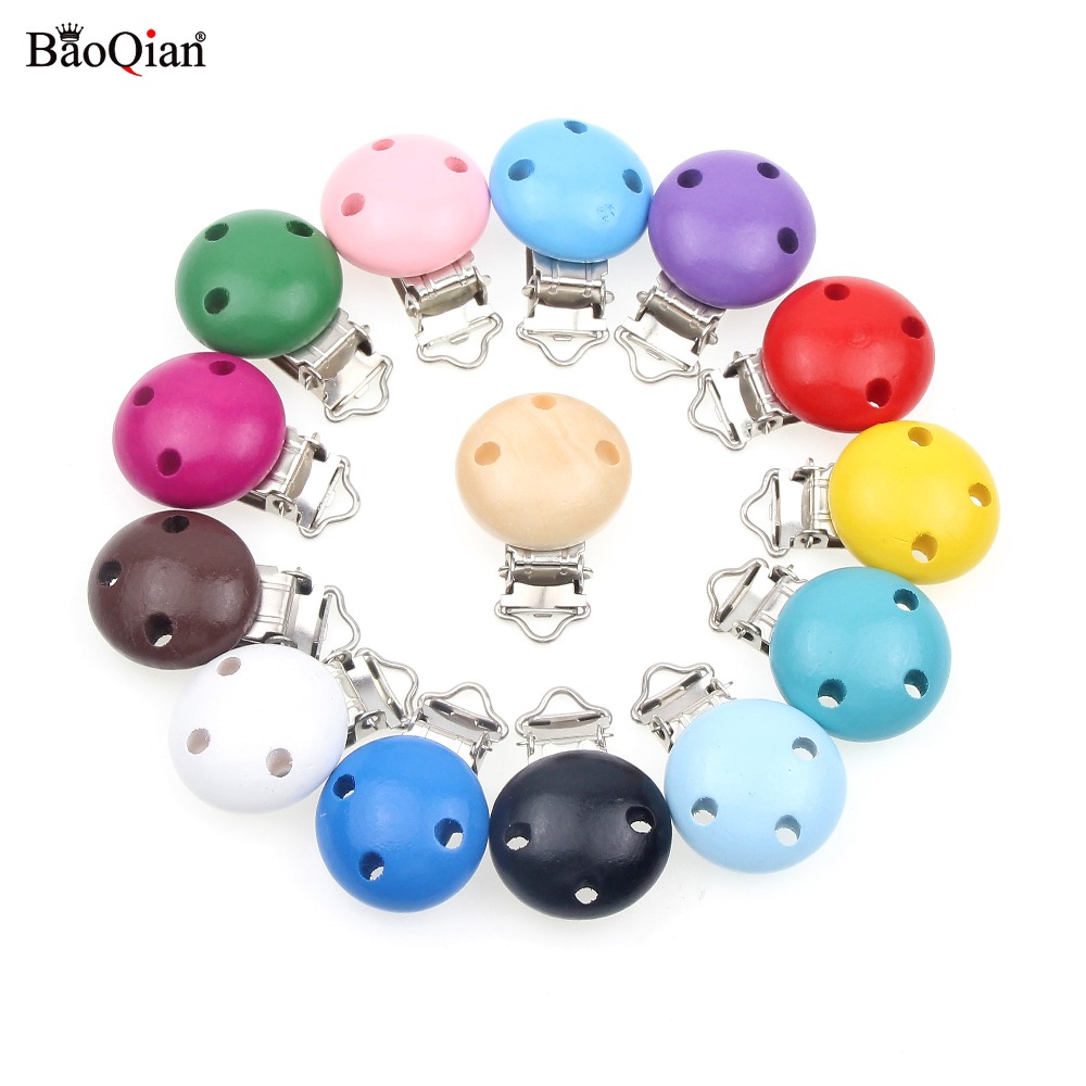 5Pcs Wooden Metal Multicolour Baby Pacifier Clips Clothing Round Clasps DIY Baby Suspender Garment Clips Accessories