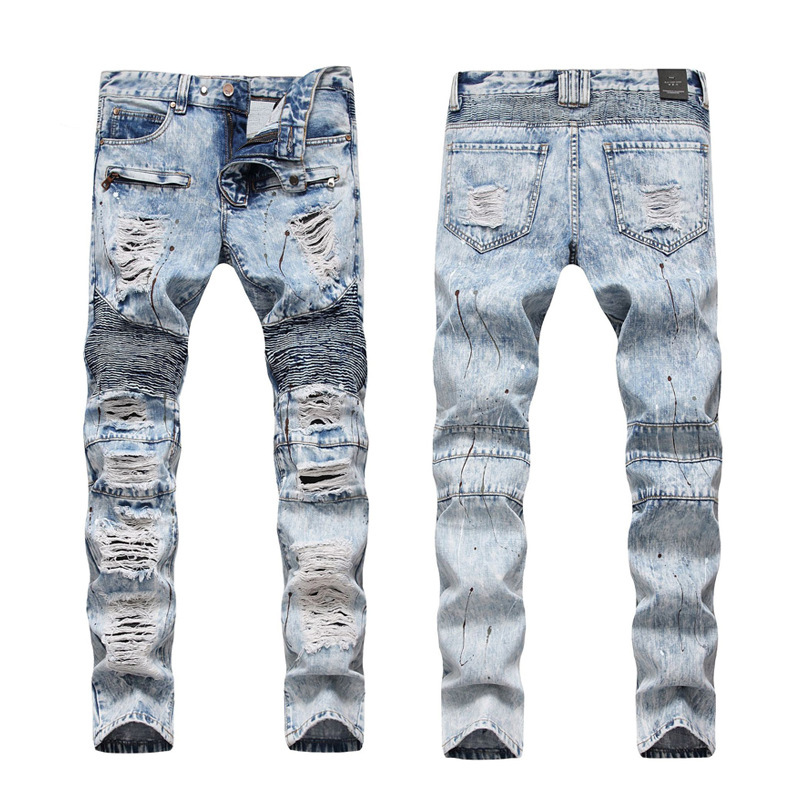 Fashion Streetwear Men Jeans Retro Blue Hip Hop Ripped Jeans Men Slim Fit Punk Pants Spliced Designer Destroy Biker Jeans Homme