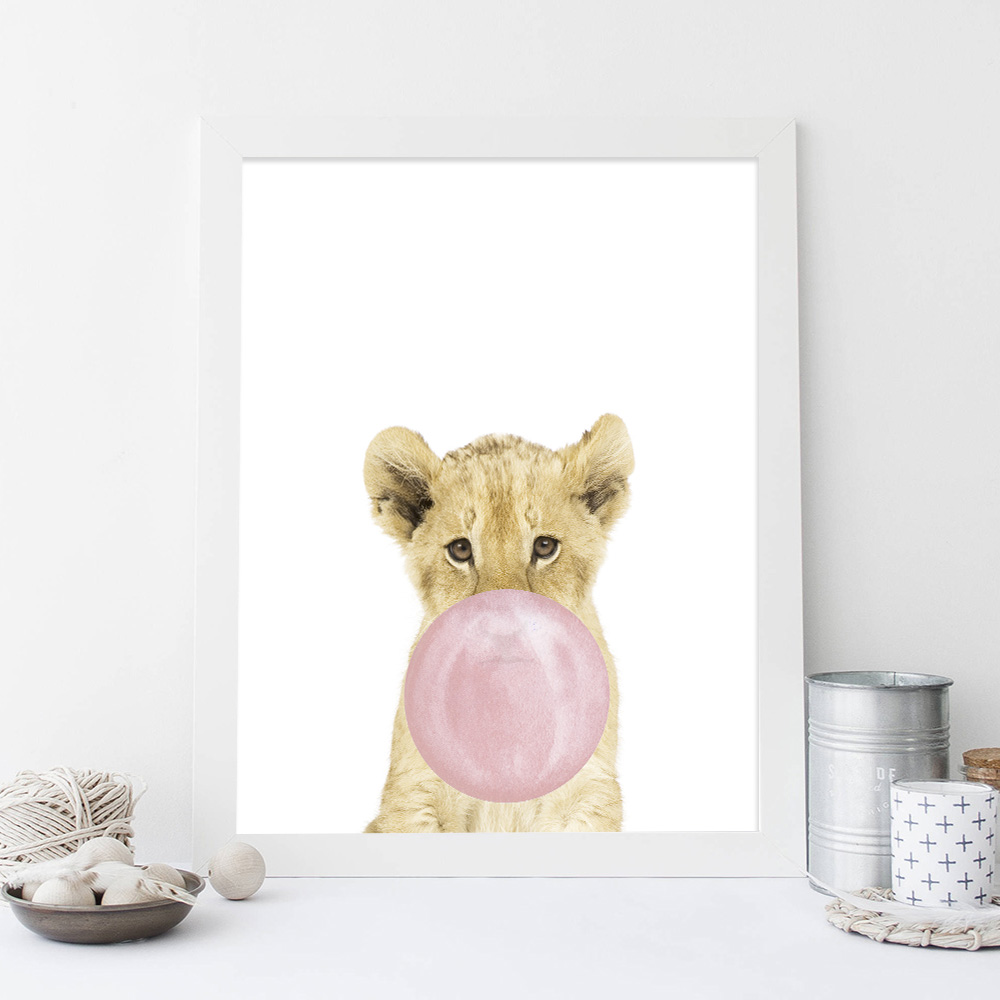 Pink Bubble Lion Woodland Animal Wall Art Canvas Print Nursery Poster Painting Decorative Picture Nordic Kids Bedroom Decoration