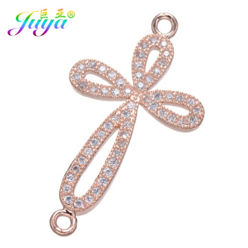 Juya DIY Christian Earrings Bracelet Making Findings Supplies For Micro Pave Zircon Religious Cross Charm Connectors Accessories