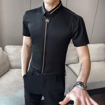 Social Crown Embroidered Tuxedo Dress Shirt Tide S-5XL Summer Korean Men's Shirt Casual Slim Fit Short Sleeve Shirt Streetwear