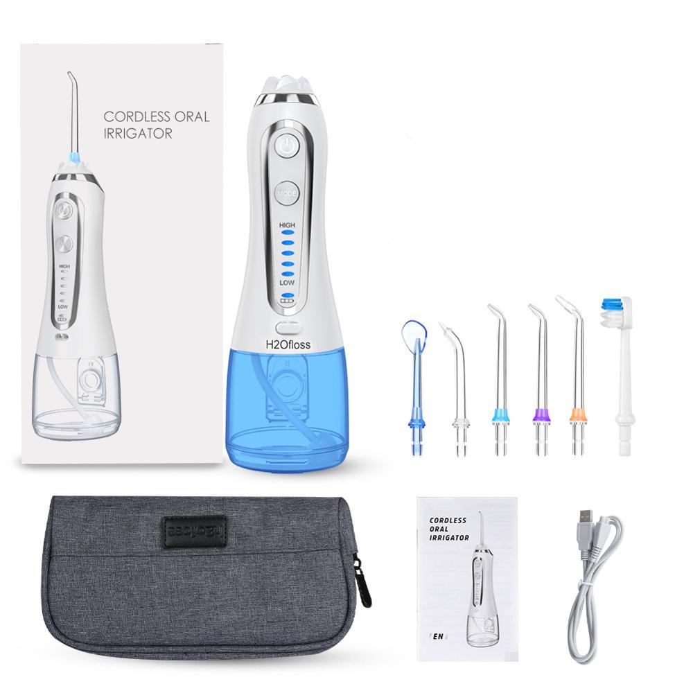 300ml Portable Oral Irrigator USB Rechargeable Dental Water Flosser Jet 5 Modes Irrigator Dental Teeth Cleaner + 5 Jet Tip & Bag