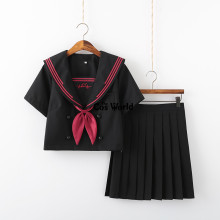 [Heart Rate] Black Red Summer Navy Sailor Suit Tops Skirts JK High School Uniform Class Uniform Students Cloth