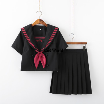 [Heart Rate] Black Red Summer Navy Sailor Suit Tops Skirts JK High School Uniform Class Uniform Students Cloth
