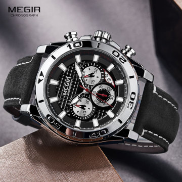 MEGIR Men's Army Sports Chronograph Quartz Watches Leather Strap Luminous Waterproof Wristwatch Man Relogios Clock 2094 Silver