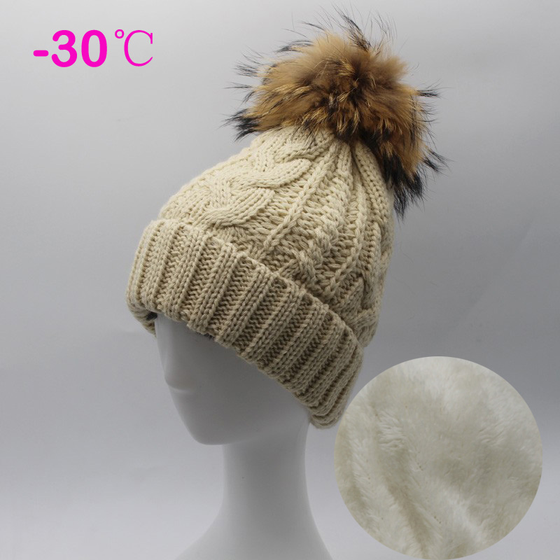 2019 Women's hats velvet Fleece Inside Beanies Winter Hats for women 100% Raccoon Fur Pompom Hat Female Twist pattern caps
