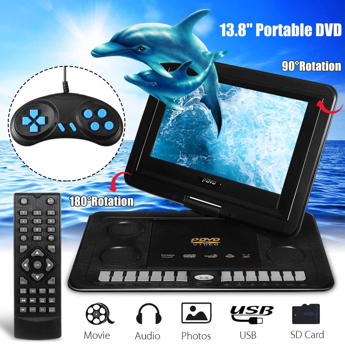 13.8 Inch Car DVD Player Portable Home VCD CD MP3 MP4 Game TV Player 270° Rotatable USB Multi Media Support FM Radio Receiving