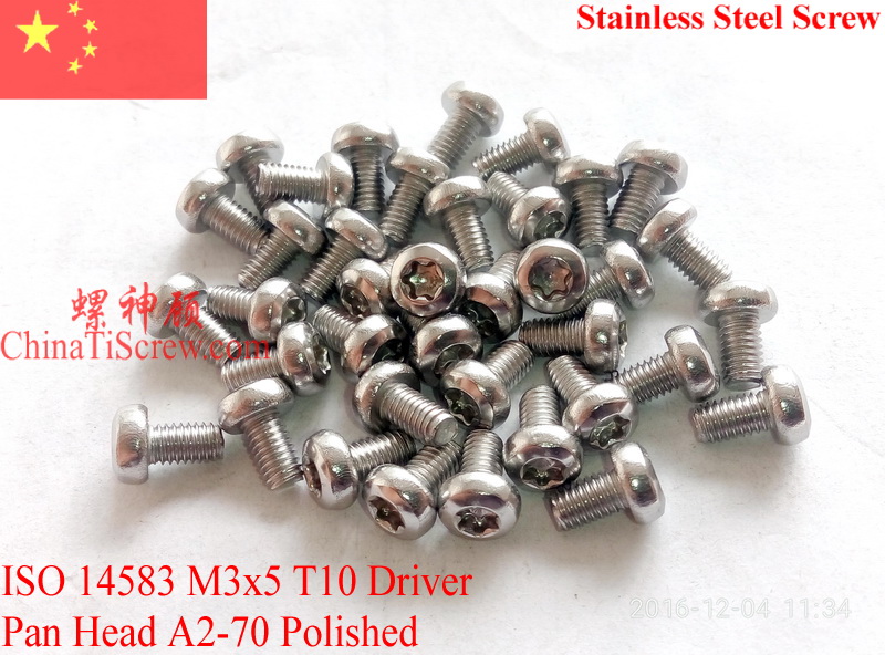 ISO 14583 Stainless Steel screws M3x5 Torx T10 Driver Pan Head A2-70 Polished ROHS 100 pcs