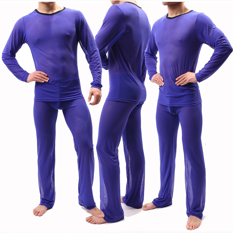 Sexy Men Undershirts Sets Ice Silk Transparent Long Sleeve Tops Trousers Gay Night Club Sex Costume T Shirts Pants Underwear 2XL