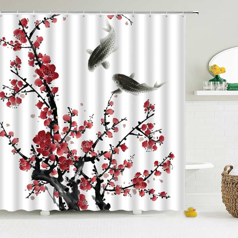 Chinese Style Flower Bird Shower Curtain Bathroom Waterproof Polyester Fabric Bathroom Curtain Printed Curtain Bath Screen Mat