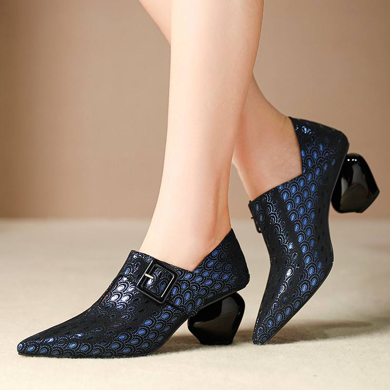 big size strange style high heels sheepskin pointed toe zip elegant women pumps brand mature print office lady autumn shoes L10