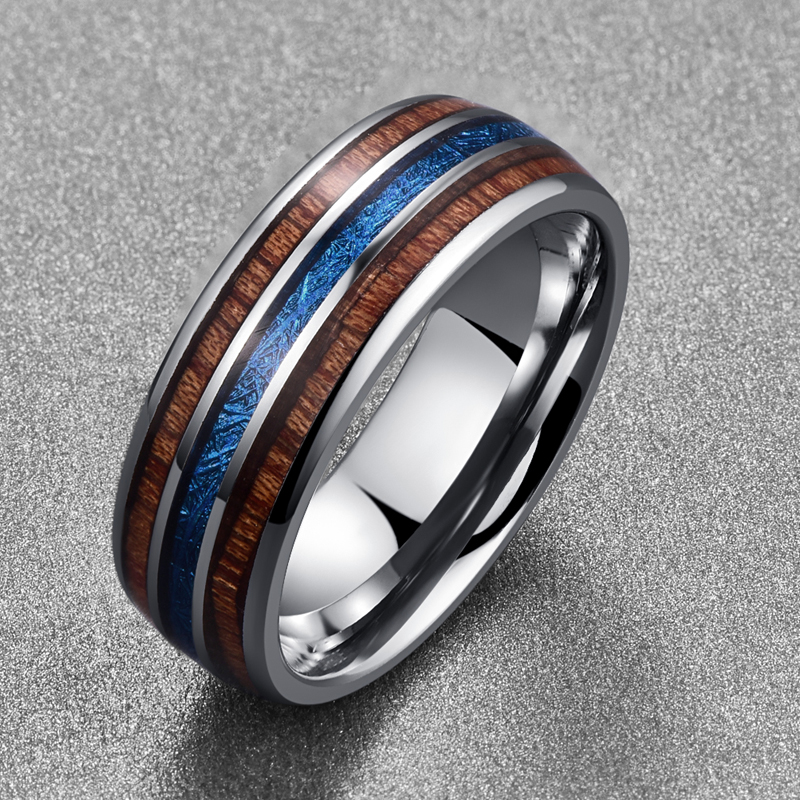 High Polished 8MM Hawaiian Koa Wood Men Ring Full Size Wedding Bands Blue Imitation Vermiculite 100% Tungsten Carbide Ring