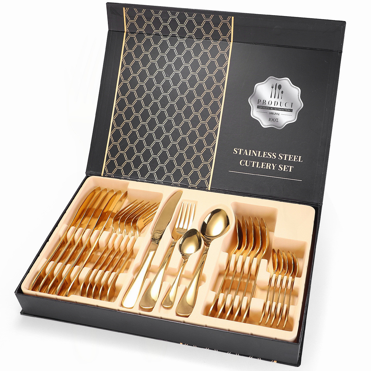 Tableware Gold Stainless Steel Cutlery Complete Fork Spoons Knives Set with Case for Kitchen Dinnerware Sets of Cutlery 24 Pcs