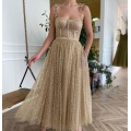 Spaghetti Straps Prom Dresses Tea Length Evening Dresses Gold Tulle Formal Party Dress