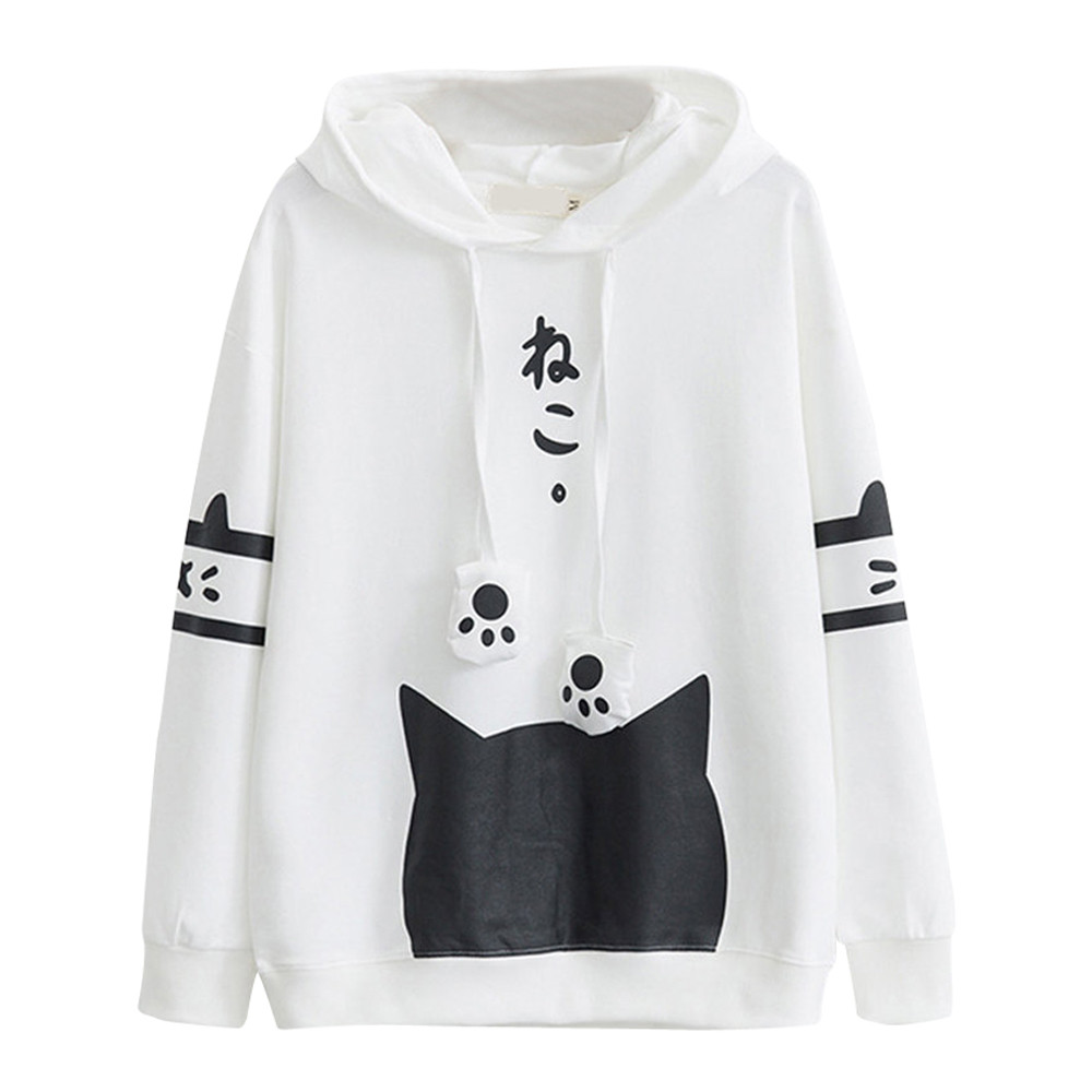 Womens Casual Long Sleeve Hoodies Kitty Cat Print Pocket Thin Hoodie Sweatshirts Blouse Top Shirt Harajuku Coat