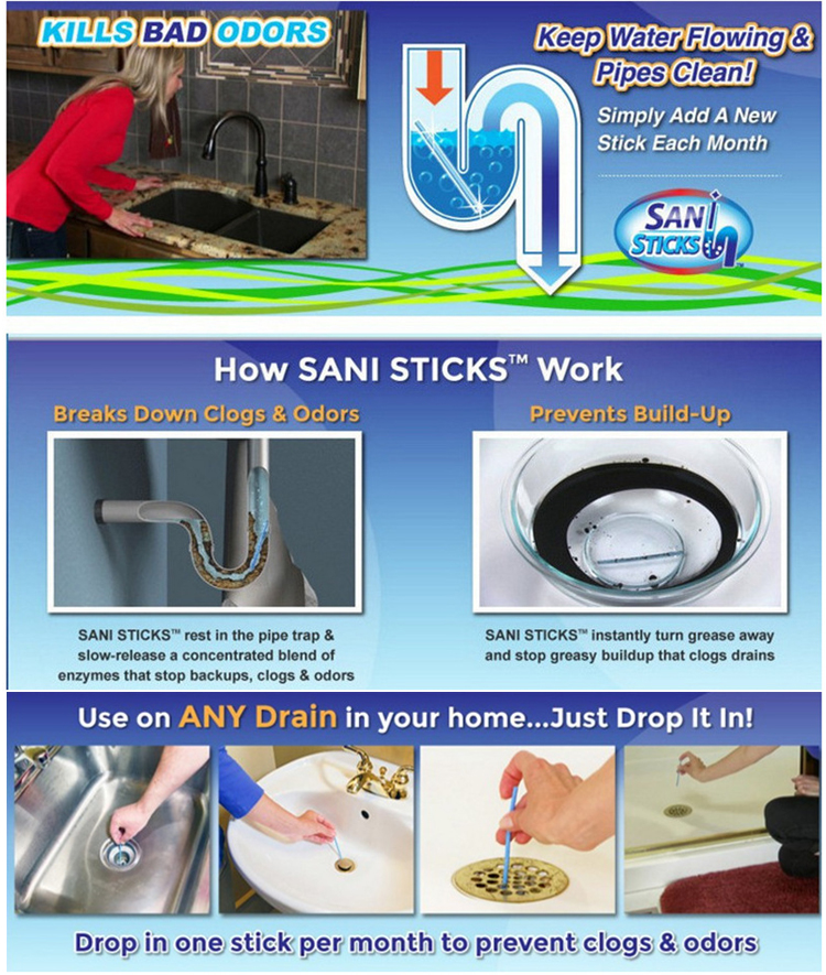 12pcs/Pack Sani Sewer Rod Drain Cleaner Sticks Kitchen Toilet Bathtub Sewage Decontamination To Deodorant Sewer