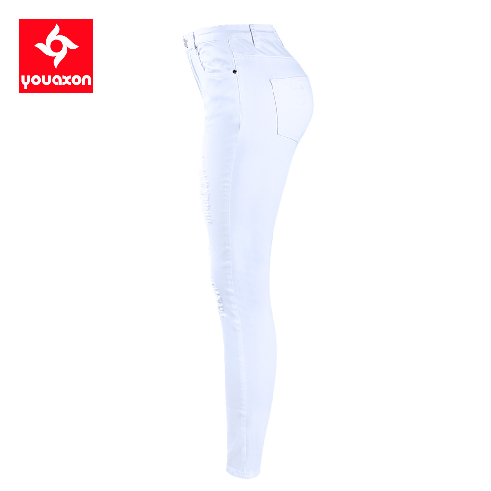2067 Youaxon EU Size White Distressed Curvy Jeans Women`s Mid High Waist Stretch Denim Pants Ripped Skinny Jeans For Woman Jean
