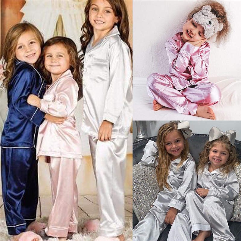 Autumn 2Pcs Kid Baby Silk Satin Pajamas Sleepwear Boy Girl Long Sleeve Top Pants 1-7 Year 3 Color