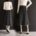 Vintage Plus Size Black Plaid Tweed Skirt Women Midi Long High Waist A-line Knitted Skirt Office Lady Slim Business Work Clothes