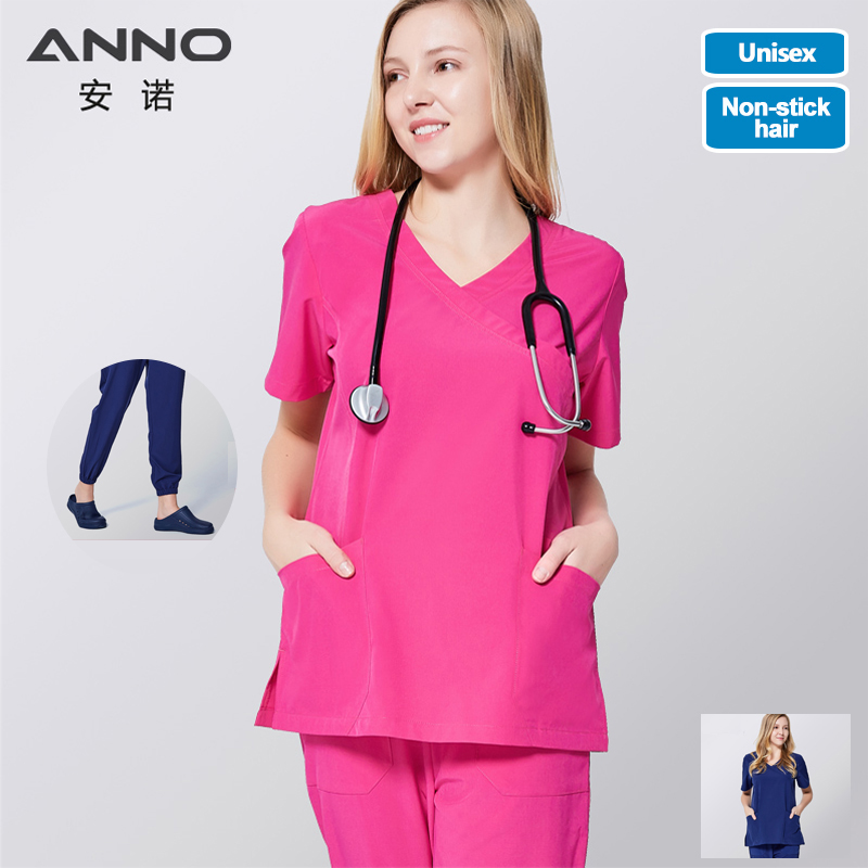 ANNO Non-stick Hair Scrubs Set Elasticity Nurse Uniform Slim fit Nursing Dress Hospital Staff Cloths Veterinary Female Work Wear