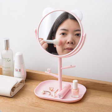 Cartoon Makeup Mirror Simple Girl Desktop Makeup Mirror Dormitory Desktop Dressing Mirror Portable Round Jewelry Storage Mirror